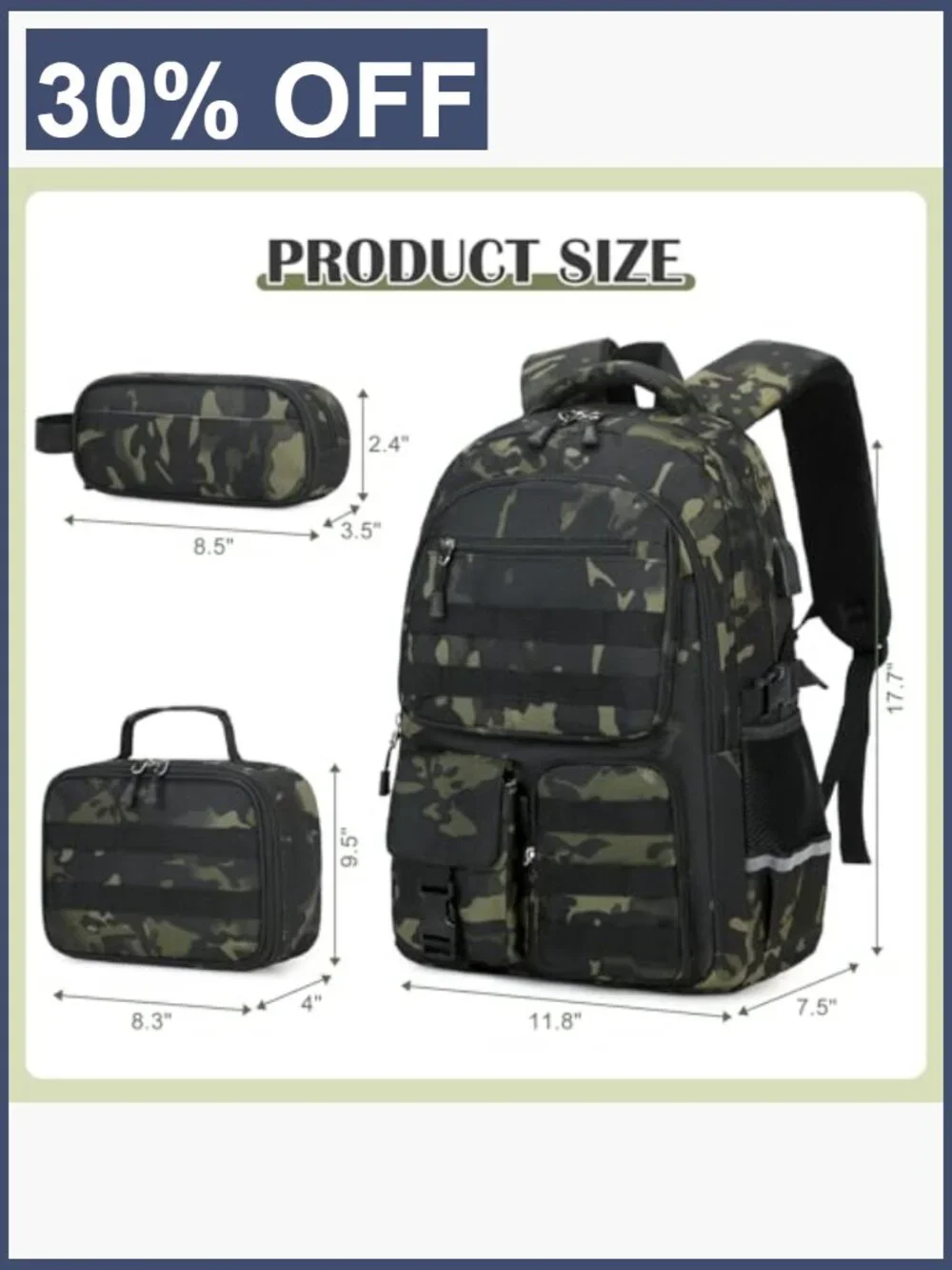 Tactical Camo Backpack Set for Boys with Lunch Bag Pencil Case, USB Port